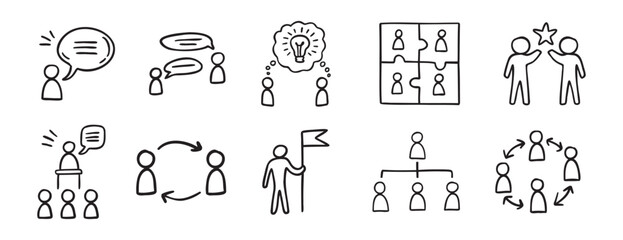 meeting team icon work team doodle hand drawn icon set. Outline drawing line clipart symbol collection © Yanka