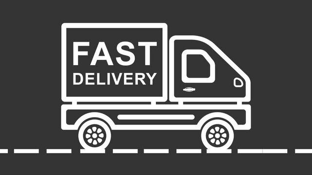 animation cargo truck van outline. Black fast delivery icon. Transport vehicle in motion. Seamless loop 4K HD video with black background 