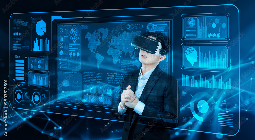 Poster smart business man connecting at global network by using vr glasses. project manager accessing big d