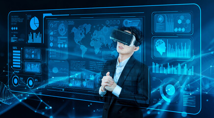 Smart business man connecting at global network by using VR glasses. Project manager accessing big...
