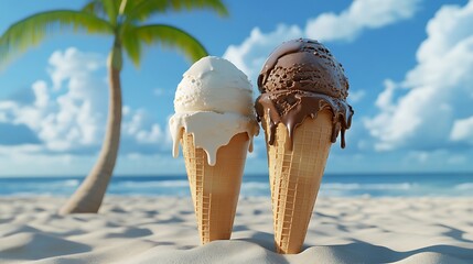 Two scoops of melting ice cream in waffle cones on a sandy beach.