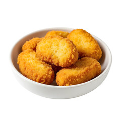 Crispy chicken nuggets in white bowl isolated on transparent background