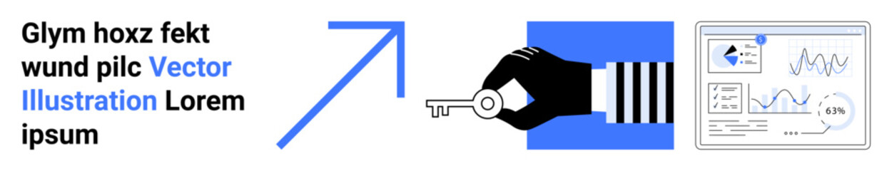 Hand holding key, upward arrow symbolizing progress, data panel with analytics visuals. Ideal for growth, innovation, security, business strategy, analytics, data solutions simple landing page