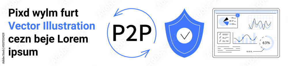 Poster peer-to-peer transfer represented with arrows around p2p, shield with checkmark for security, analyt