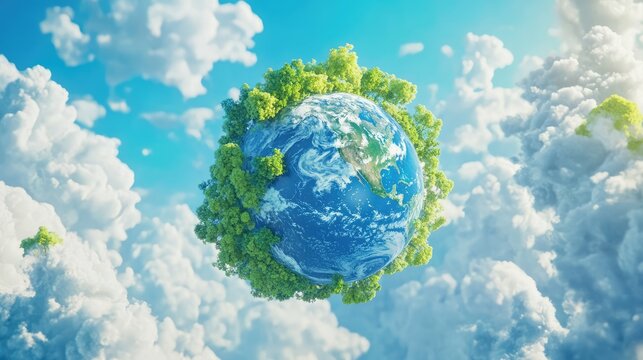 A blue planet Earth floating in the sky, surrounded by white clouds and green trees