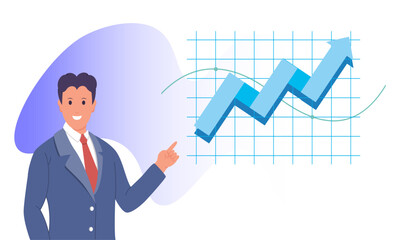 A man in a suit with a red tie points to a diagram with an arrow pointing up