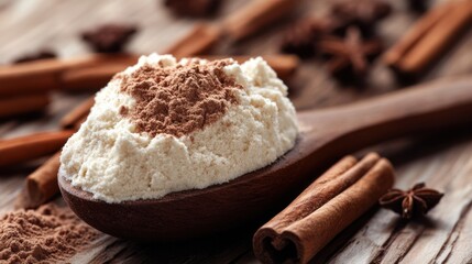 Fototapeta premium Vanilla Protein Powder in Scoop with Cinnamon Dusting