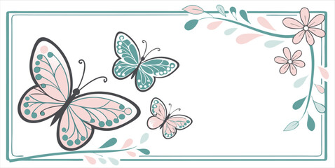 Delicate butterflies and floral frame in pastel pink and blue color palette for feminine designs
