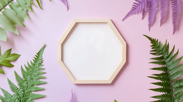 Empty octagonal wooden frame surrounded by various foliage.