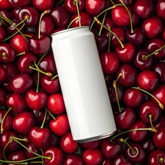 Cherry Soda Can Mockup Surrounded by Fresh Cherries for Sweet Red Fruit Beverage Marketing