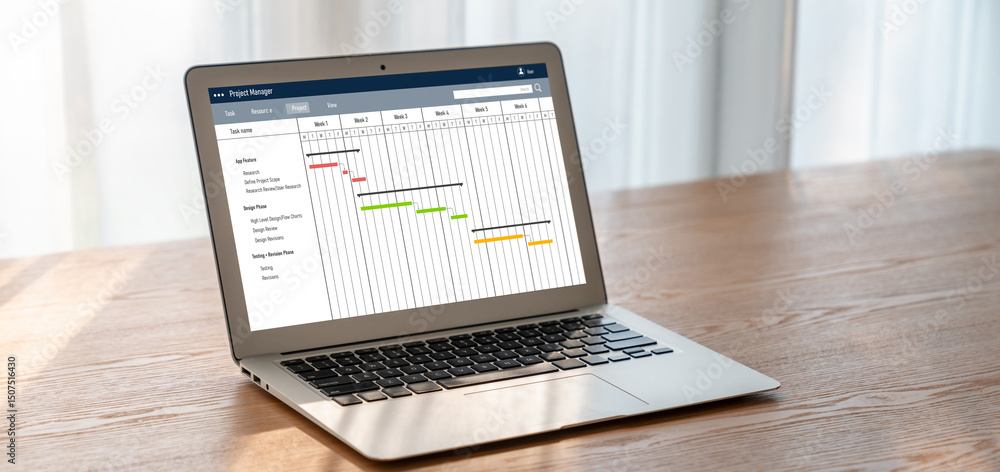 Poster project planning software for modish business project management on the computer screen showing time
