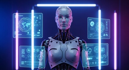 A futuristic female android with glowing displays, perfect for science fiction and technology concept. It's a mesmerizing visual experience