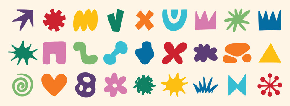 colorful organic doodle hand drawn colorful set. shapes and squiggles childish style. Abstract funny cute kids shapes elements. naive art