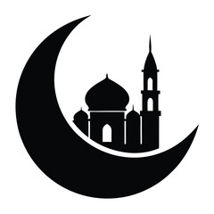 Black Mosque Silhouette in Crescent Moon Illustration for Ramadan Greeting Card Design