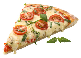 Delicious slice of gourmet pizza topped with fresh tomatoes basil and melted cheese