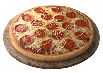 Delicious pepperoni pizza with melted cheese on a wooden cutting board ready to eat