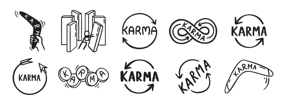 Karma arrows and karma concept doodle hand drawn icon social media. Outline drawing karma line clipart symbol