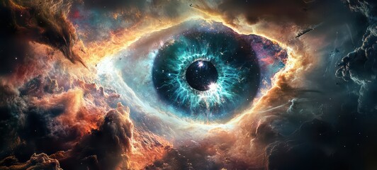 A cosmic landscape where a colossal eye watches over the universe