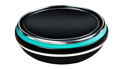 Small round speaker with black mesh and turquoise trim, cut out transparent