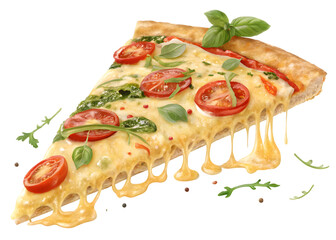 Delicious slice of gourmet pizza with melted cheese fresh basil and ripe tomatoes.