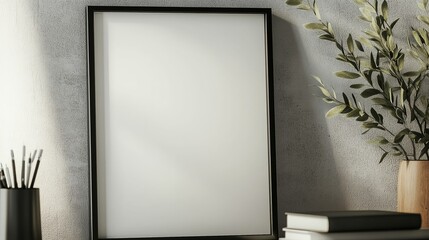 Blank vertical frame with books and plant on desk