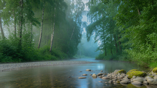 Serene river flowing through a lush green forest with misty fog in the air