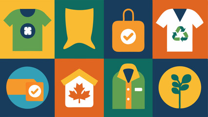 EcoLabel Love Closeup images of ecolabels attached to clothing featuring icons of recycling and sustainability all arranged like a patchwork quilt.