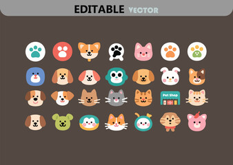 Obraz premium Cute cartoon pet icons set for app design