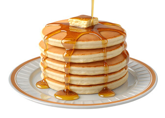 Delicious stack of golden pancakes with maple syrup and butter on a white plate