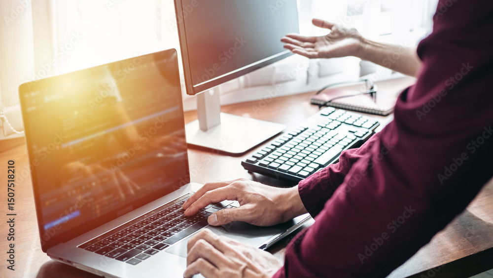 Aufkleber asian man programmer brainstorming with partner and writing code on laptop while woman programmer