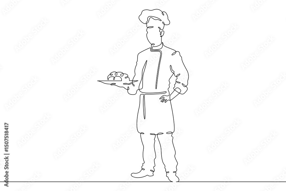 Poster continuous one line drawing male chef in a hat. chef in the kitchen. the cook is cooking.one continu