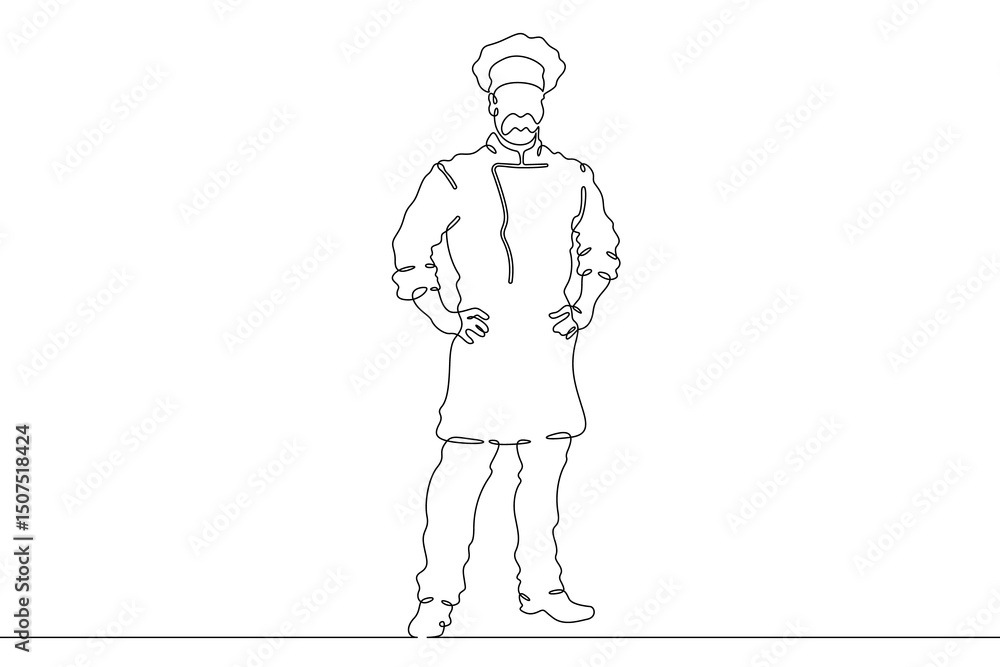 Poster continuous one line drawing male chef in a hat. chef in the kitchen. the cook is cooking.one continu