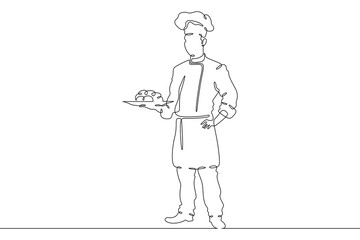 Continuous one line drawing  Male chef in a hat. Chef in the kitchen. The cook is cooking.One continuous line isolated minimal illustration.Not AI.