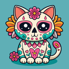 Fototapeta premium Adorable Day of the Dead Cat Illustration with Floral Design