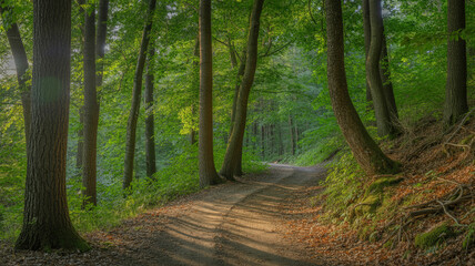 Obraz premium Serene sunlight filtering through lush green forest trees along a winding dirt road