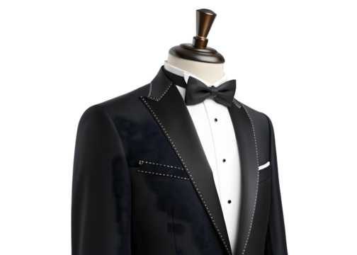 Elegant black tuxedo on a mannequin formal wear for special events wedding outfit.
