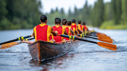 A rowing team paddles together in sync on a lake in a wooden boat with matching red and yellow uniforms.