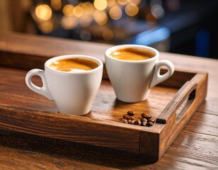 Deux café expresso dans des tasses blanches posées sur un plateau en bois. Custom AI Model