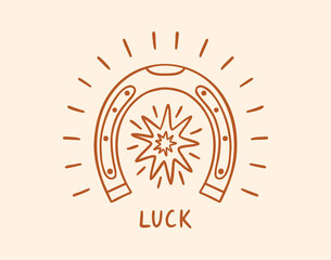 groovy funky lucky horseshoe hand drawn lettering label, positive hippie sketch hand drawn poster or sticker. Wild west doodle vintage retro decor