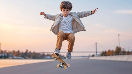 Young boy performs skateboard trick midair against blurry background with city skyline at sunset, outside.