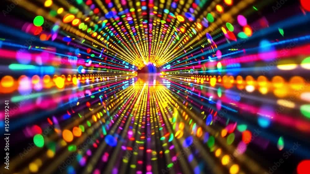 Poster colorful lights create mesmerizing tunnel effect, showcasing vibrant reflections and dynamic pattern