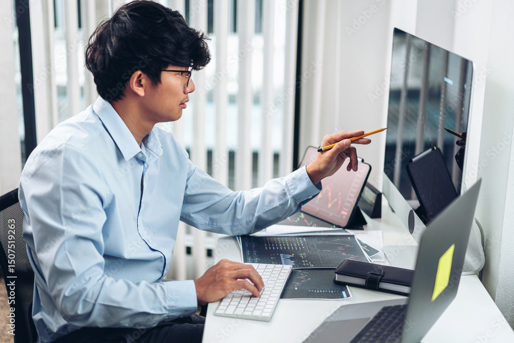 Poster businessman investor working with computer, tablet and analyzing graph stock market trading planning