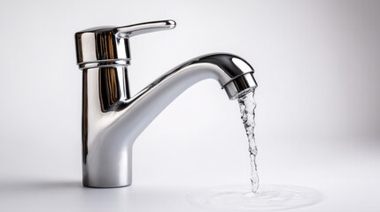 an open tap from which water flows on a white background, lack of water on earth, saving water. 