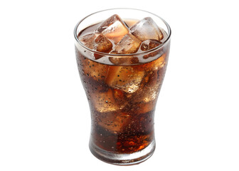 Refreshing glass of cold cola with ice cubes against a simple black background