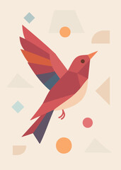illustration of a hummingbird flying in profile. Various colors, geometric shapes and a background with light-colored graphic elements. Pink, purple, blue bird