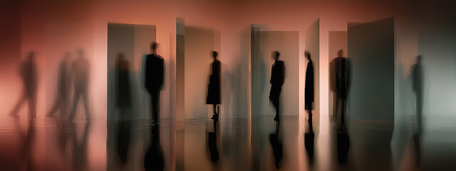 Abstract silhouettes of people standing within modern box-like structures, creating an ethereal atmosphere of mystery and depth.