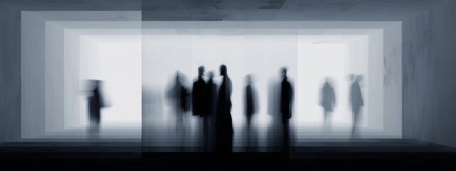 Abstract silhouettes of people standing within modern box-like structures, creating an ethereal atmosphere of mystery and depth.