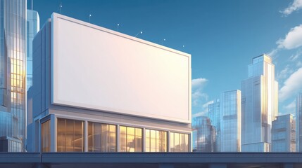 Obraz premium Modern urban cityscape featu tall glass skyscrapers reflecting blue sky and clouds with a large blank billboard on building facade du daytime