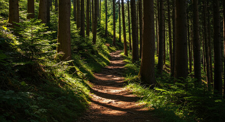Obraz premium Sunlit Path Through Dense Forest with Tall Trees and Green Foliage Creates Atmospheric Landscape Scene