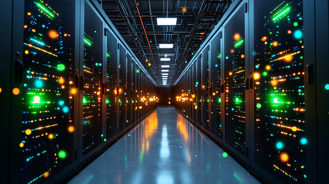Inside a modern data center shows server racks with colorful lights processing vast quantities of information.
